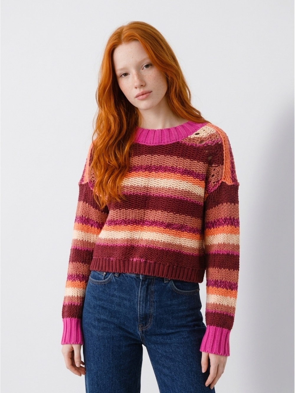 Free People Devon Striped Sweater L Fuchsia Rose Chunky Knit Cropped Boho